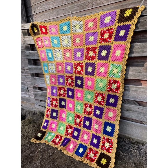 Vintage Colorful Granny Square Crochet Afghan 75x56" - Picture 2 of 16